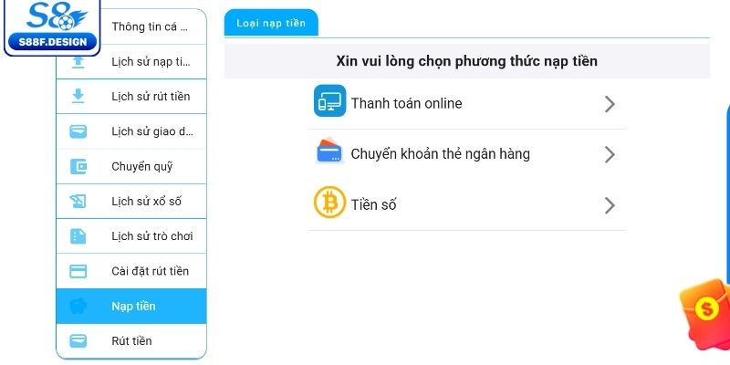 Các hình thức nạp tiền được hỗ trợ